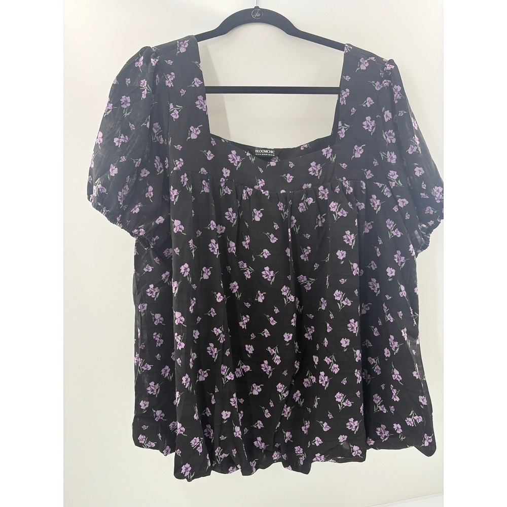 Bloomchic Black Purple Floral Square Neck Puff Sleeve Blouse Top Plus Size 14-16